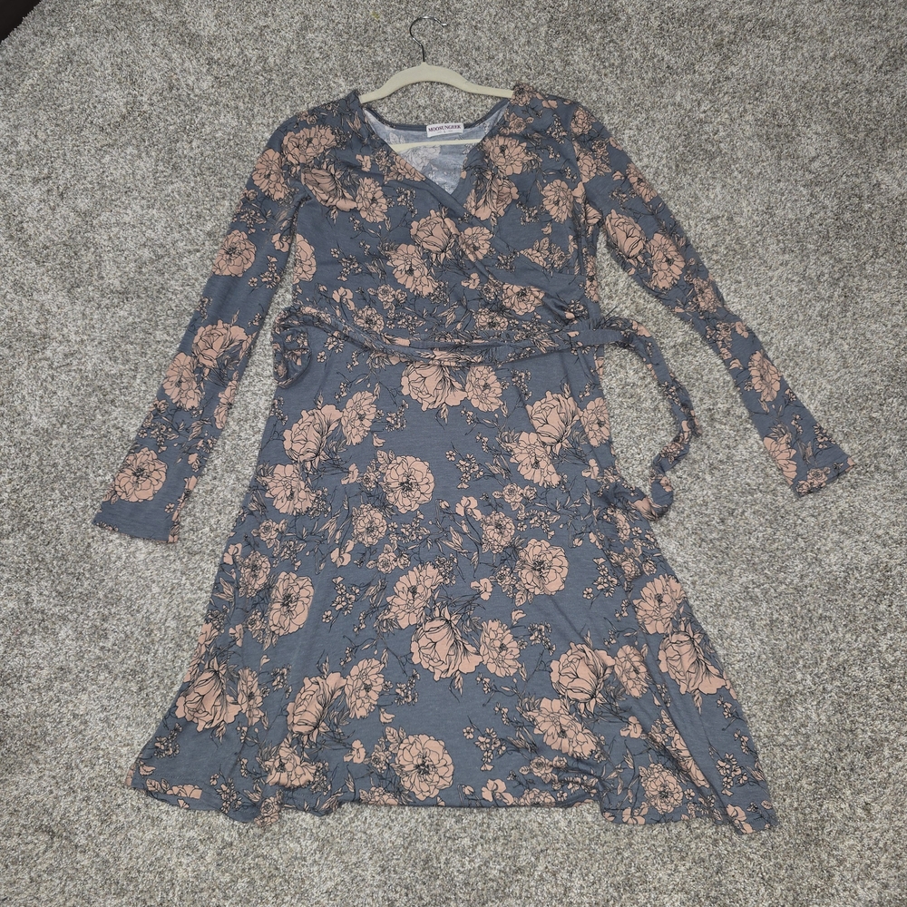 Floral Wrap Dress in  Grey Blue and Pink Size Large Long Sleeve With Belt